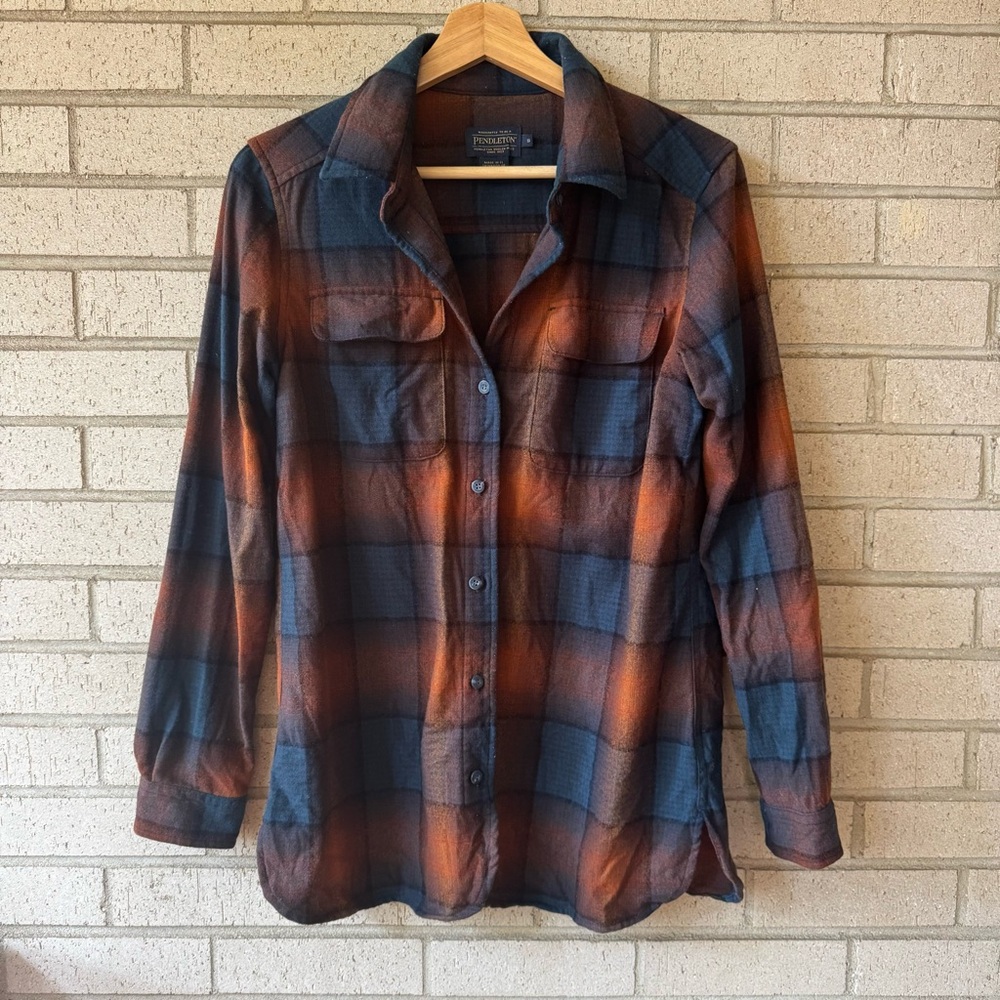 Pendleton Navy Orange Plaid Wool Button Down Boardshirt Y2K Size Small